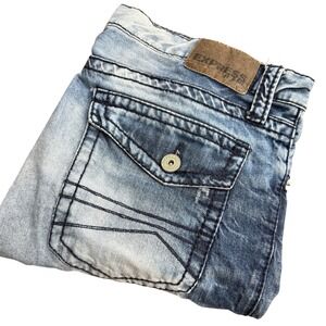 EXPRESS Mens Rocco Slim Fit Boot Cut Jeans Blue Wash Distressed Size 34x32